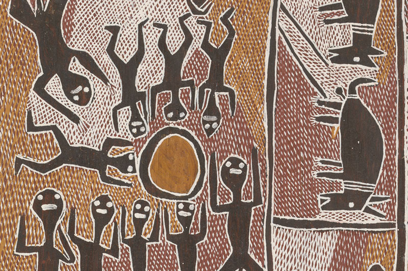 Detail from a bark painting of Ganbulapula, showing figures with their arms raised toward what might be the sun