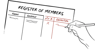 Illustration of a hand correcting a register of members