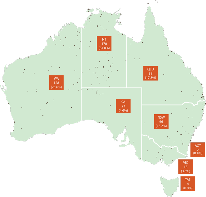 Map showing the geographic spread of the top 500 Aboriginal and Torres Strait Islander corporations, 2015–16