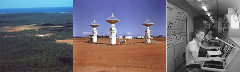 A collage of 3 images - a bush landscape, satellite receivers and staff sitting at screens