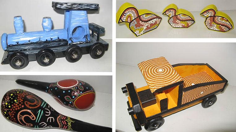 A collage of 4 images of toy - a train, a dump truck, maracas and ducks