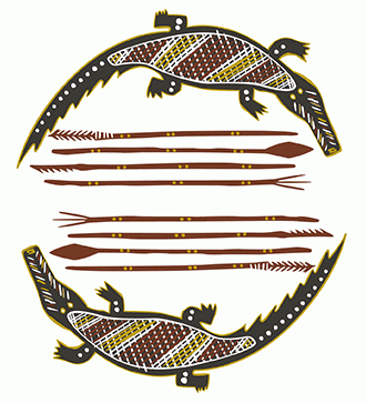 A logo of two stylised crocodiles, one above and one below spears