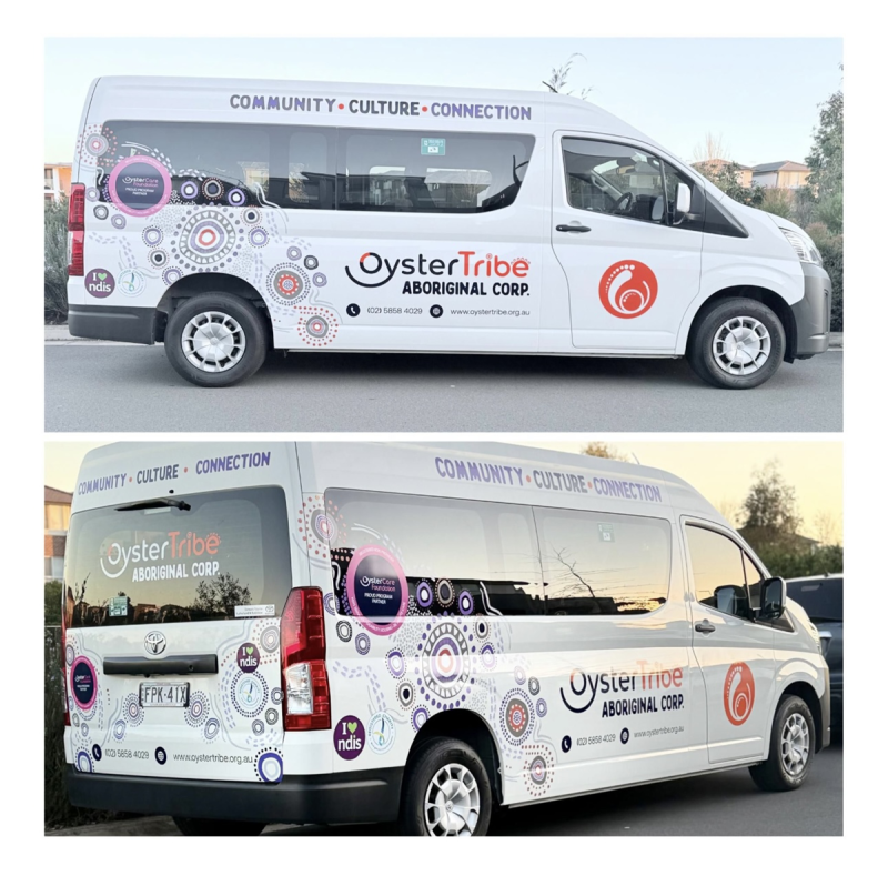 Two images of a white van, one from the side and one from the rear corner. The van is decorated with Aboriginal artwork and the words Oyster Tribe Aboriginal Corporation