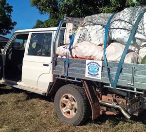 A ute with a load of plastic sacks in the back