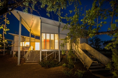 A building with its lights on