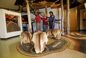 An indoor space with a group of stools covered in animal skins