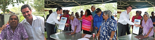 Three images of Aboriginal people posing with a white man