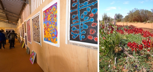 Two images - on the left is a photo of a number of artworks along a long wall. On the right is a photo of a bush with deep red flowers