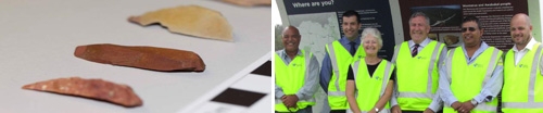 Two images - on the left is a photo of stone tools and on the right is a group of people wearing fluoro vests