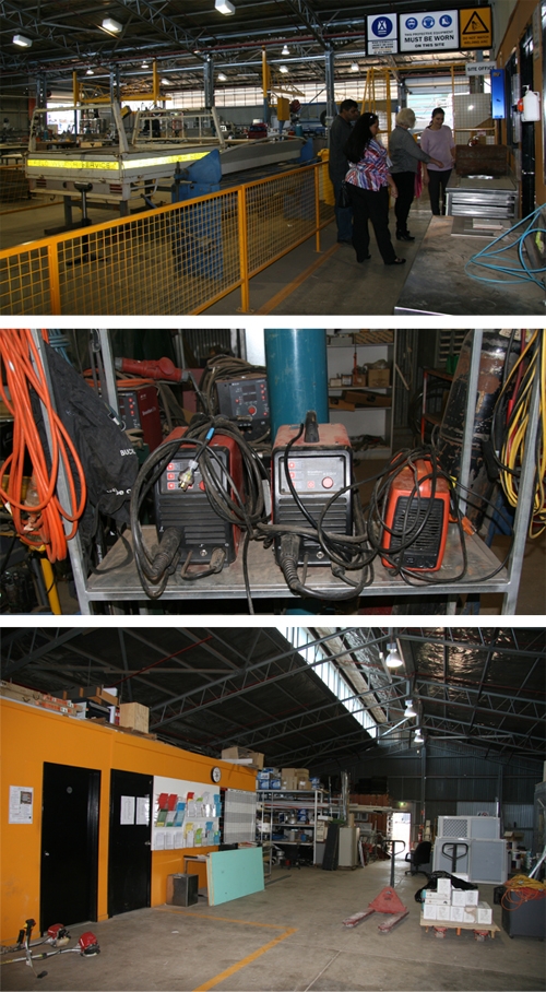 Three photos showing the inside of an industrial workshop