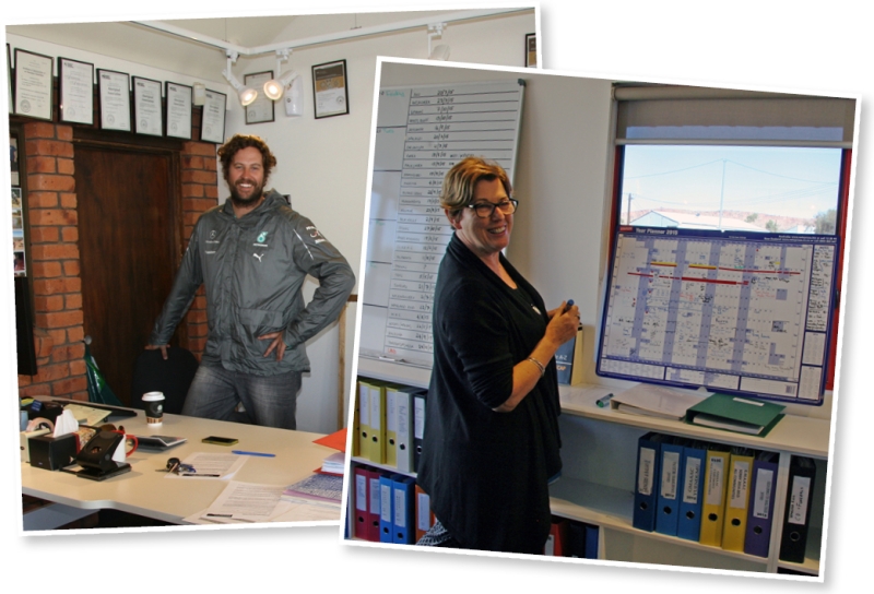 A collage of two photos - one of a man and one of a woman - in an office area