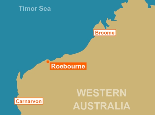 Map showing Roebourne on the coast of Western Australia