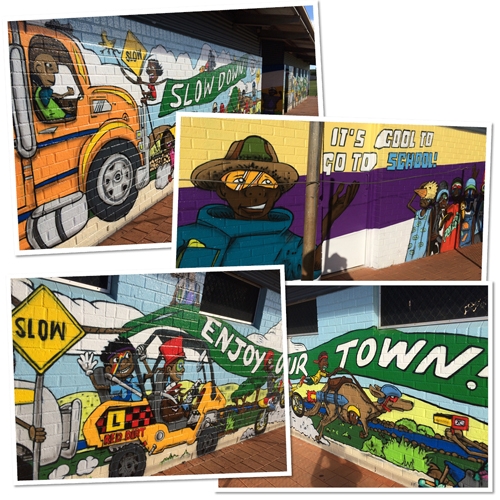 A collage of 4 photos of a brightly coloured mural