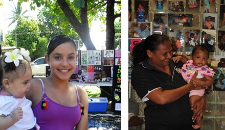 Two images of women holding children